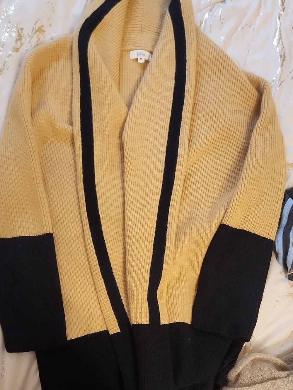 Eileen Fisher Tan and Black Open-Front Shawl Collar Sweater
